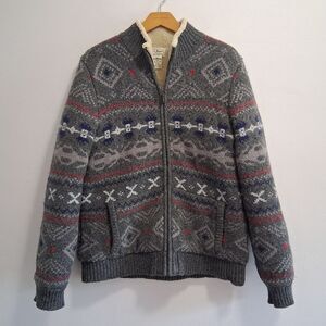 L.L. Bean Vintage Lambswool Fair Isle Striped Sherpa Lined Sweater Jacket Medium
